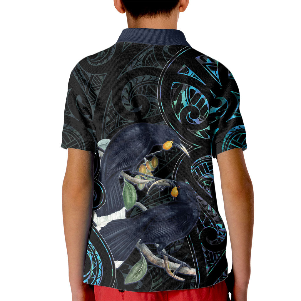 New Zealand Huia Bird Kid Polo Shirt Paua Shell Maori Pattern