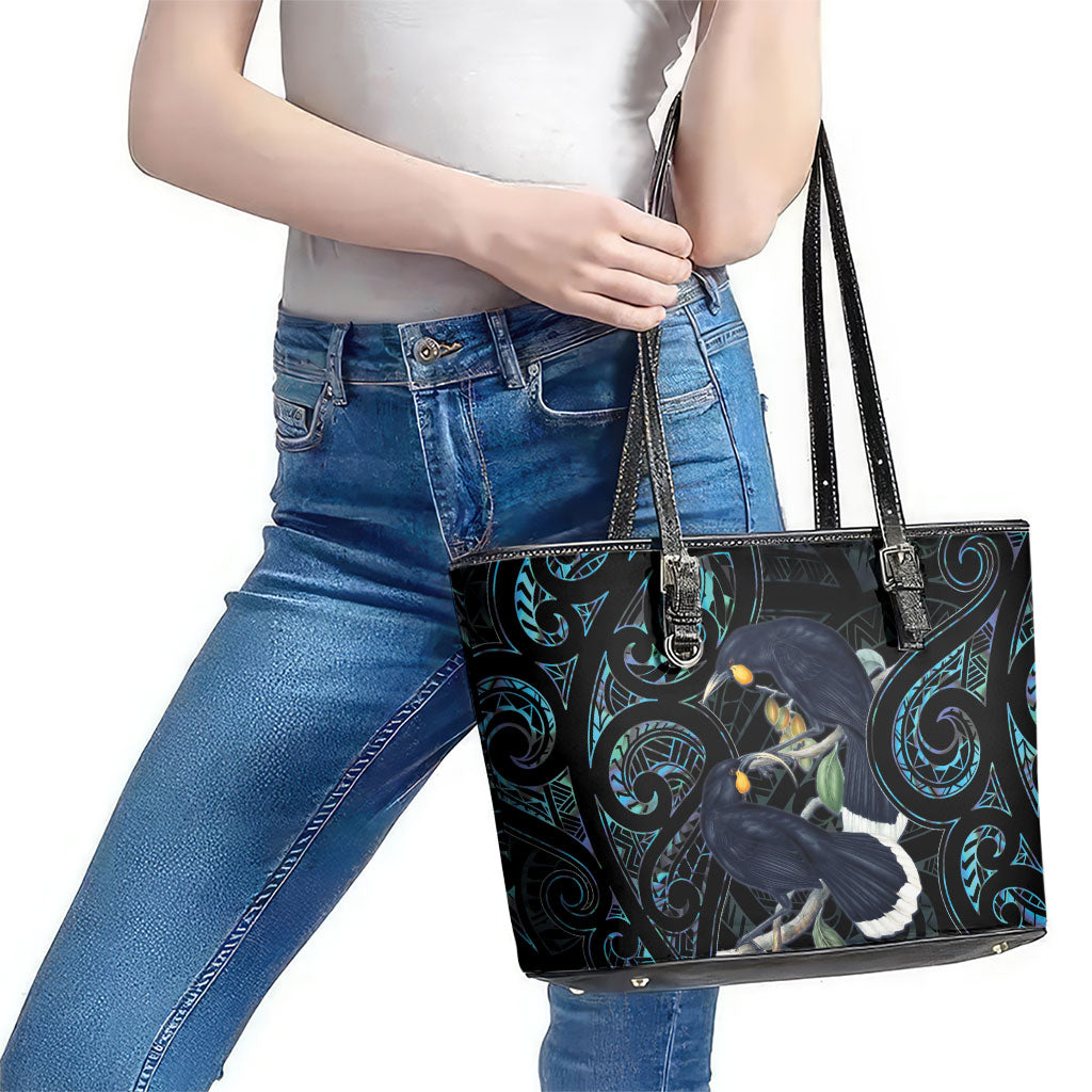 New Zealand Huia Bird Leather Tote Bag Paua Shell Maori Pattern