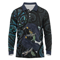 New Zealand Huia Bird Long Sleeve Polo Shirt Paua Shell Maori Pattern