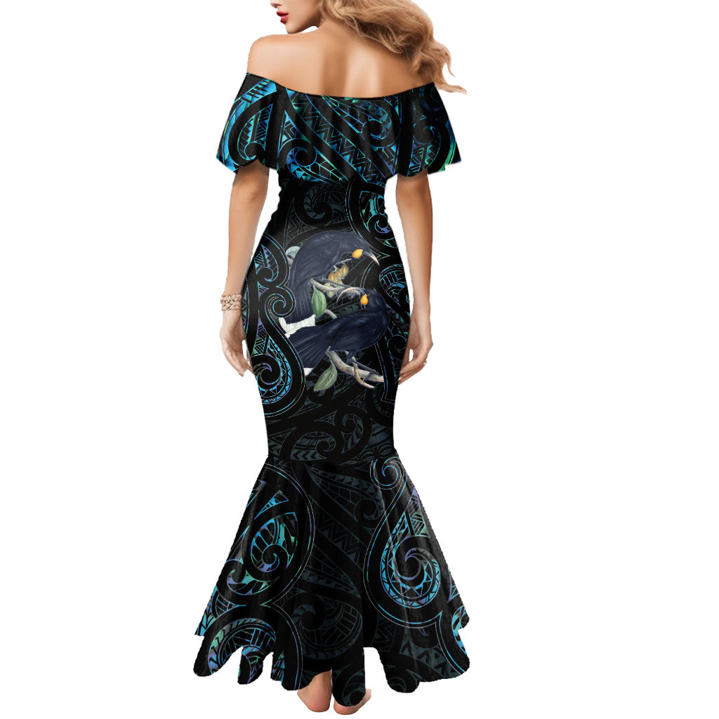 New Zealand Huia Bird Mermaid Dress Paua Shell Maori Pattern