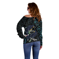 New Zealand Huia Bird Off Shoulder Sweater Paua Shell Maori Pattern