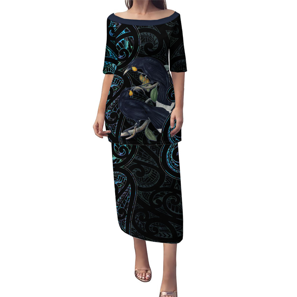 New Zealand Huia Bird Puletasi Paua Shell Maori Pattern LT22 Long Dress Black - Polynesian Pride
