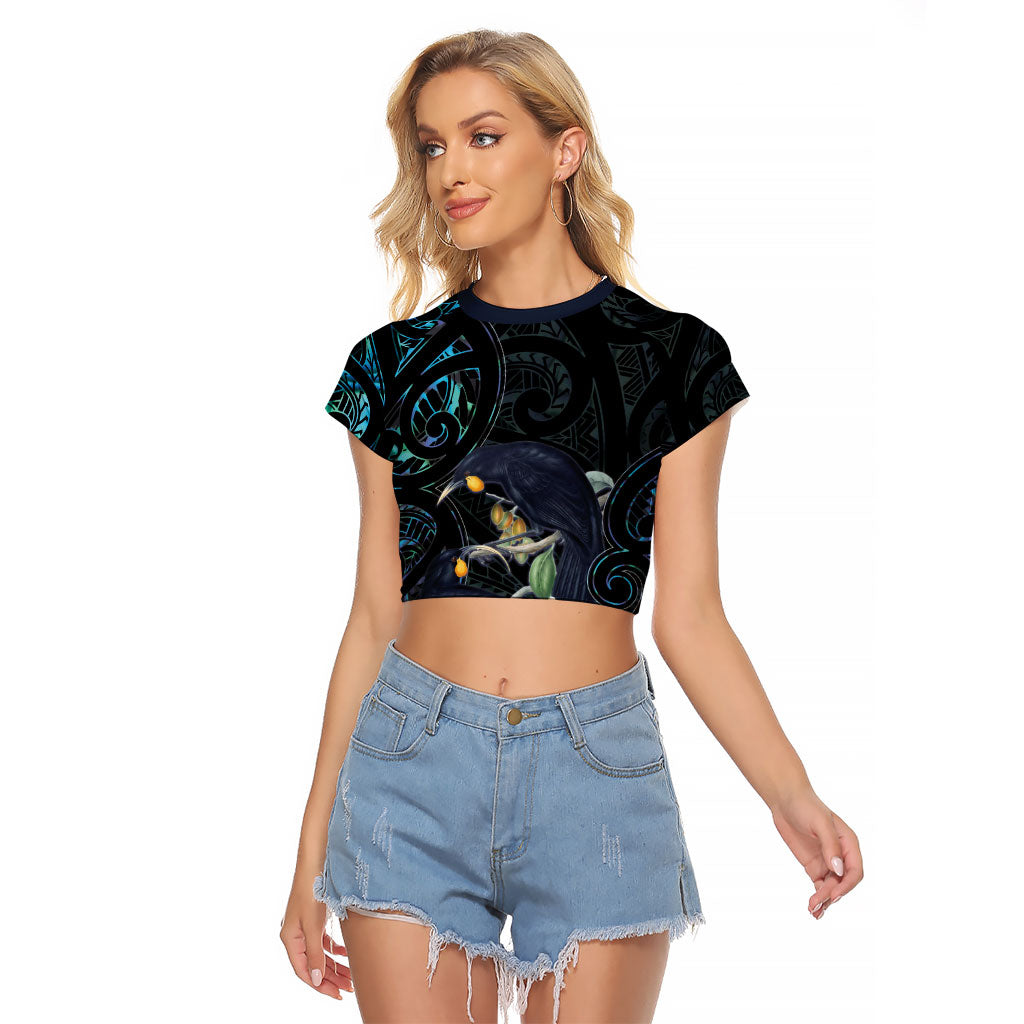 New Zealand Huia Bird Raglan Cropped T Shirt Paua Shell Maori Pattern
