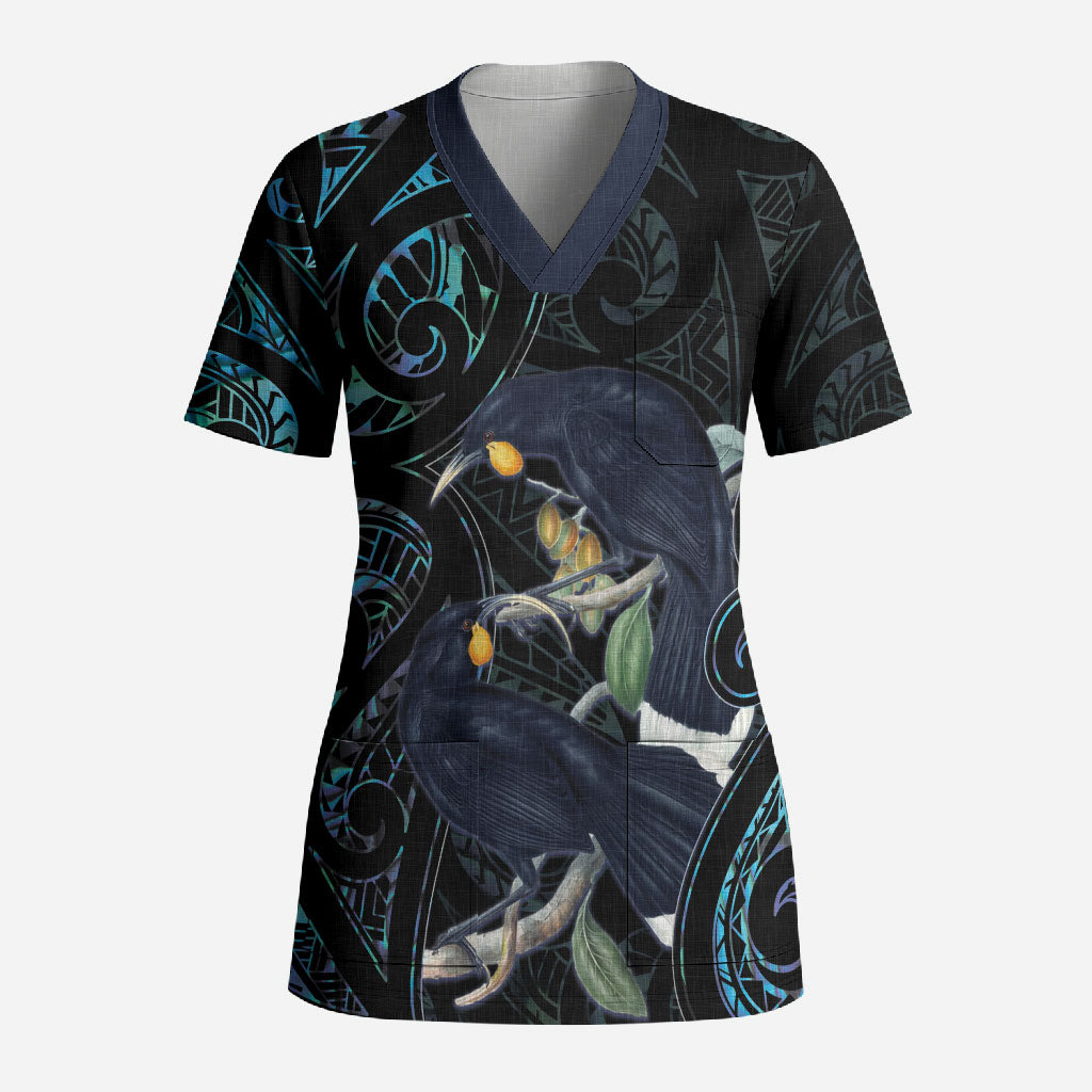 New Zealand Huia Bird Scrub Top Paua Shell Maori Pattern LT22 Adult Black - Polynesian Pride