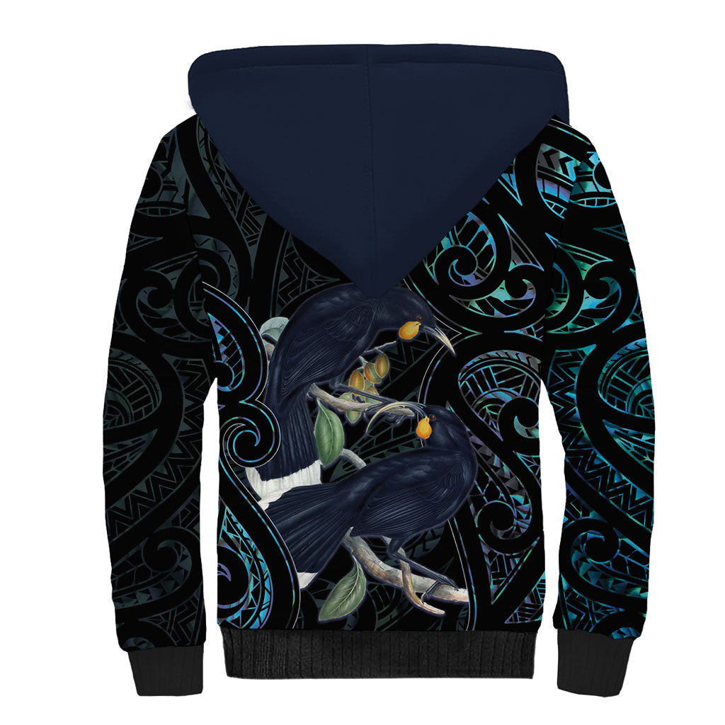 New Zealand Huia Bird Sherpa Hoodie Paua Shell Maori Pattern