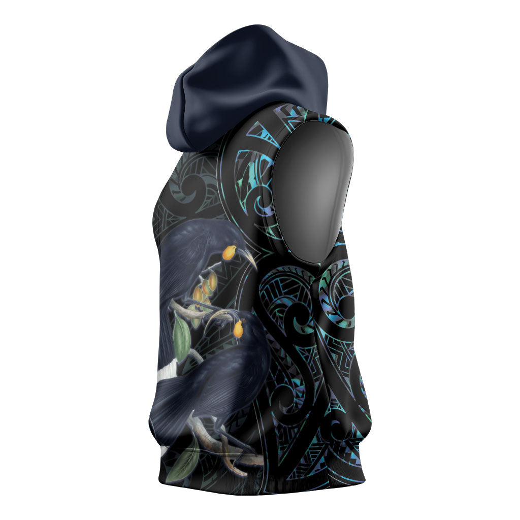 New Zealand Huia Bird Sleeveless Hoodie Paua Shell Maori Pattern