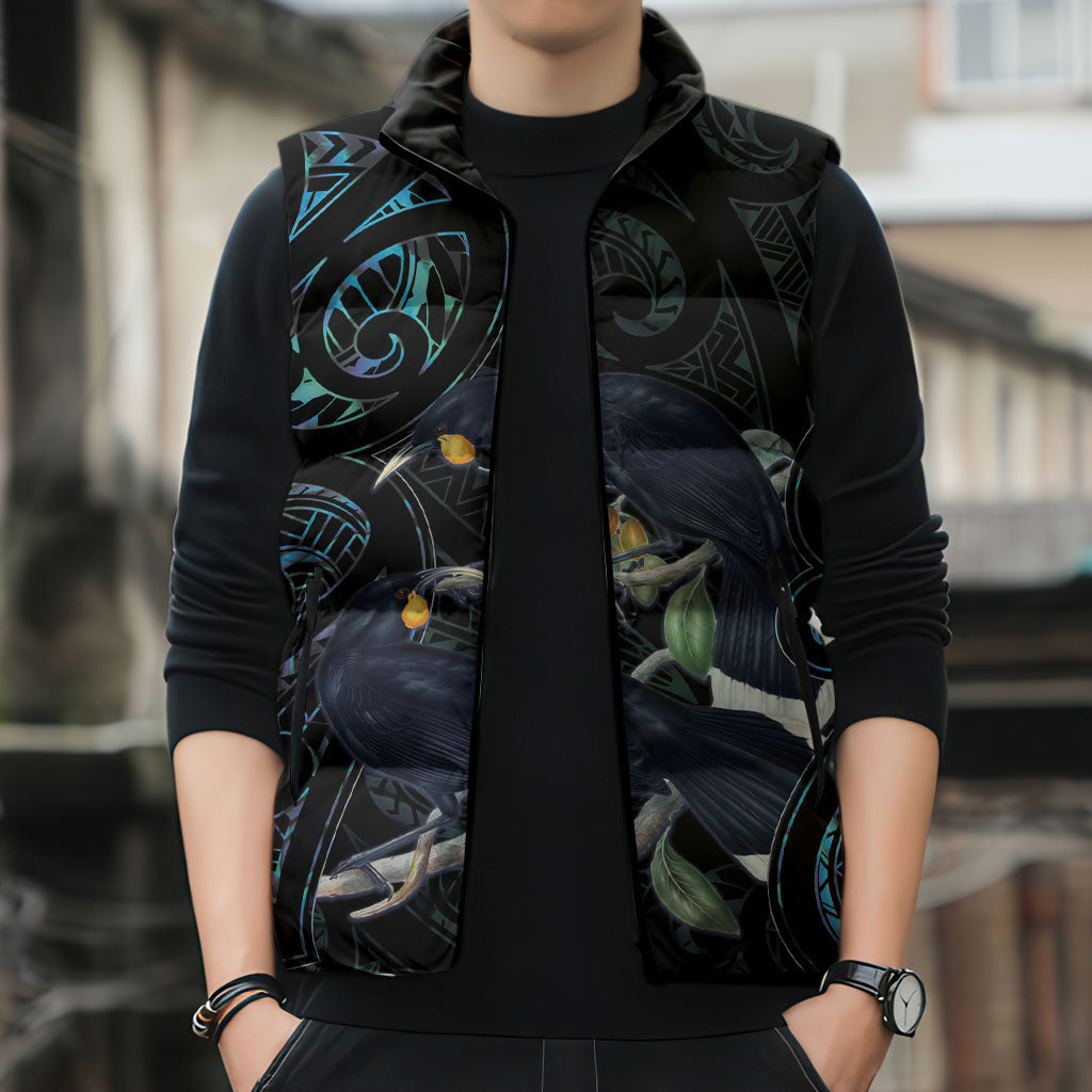 New Zealand Huia Bird Sleeveless Puffer Jacket Paua Shell Maori Pattern