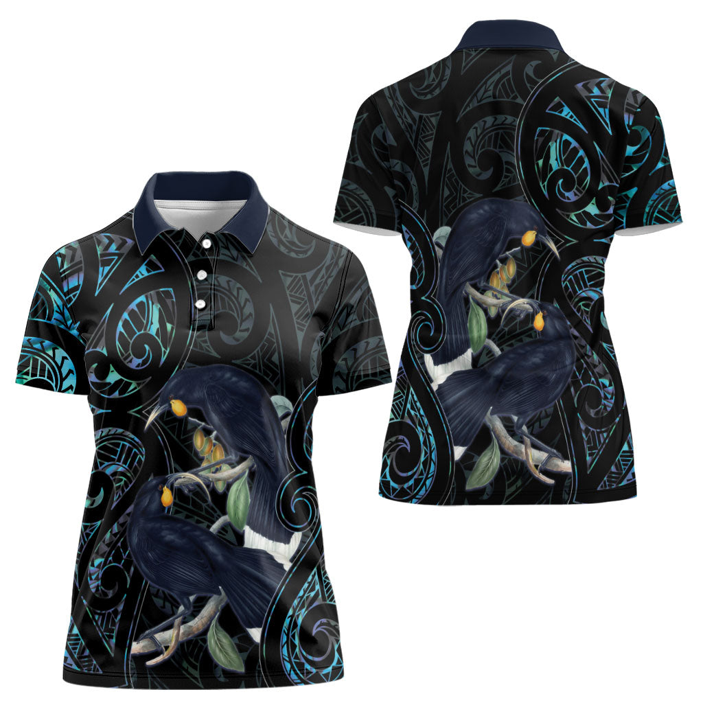 New Zealand Huia Bird Women Polo Shirt Paua Shell Maori Pattern