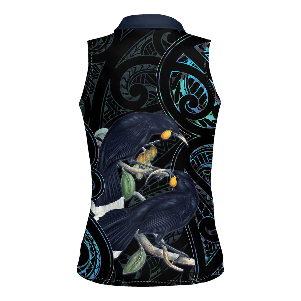 New Zealand Huia Bird Women Sleeveless Polo Shirt Paua Shell Maori Pattern