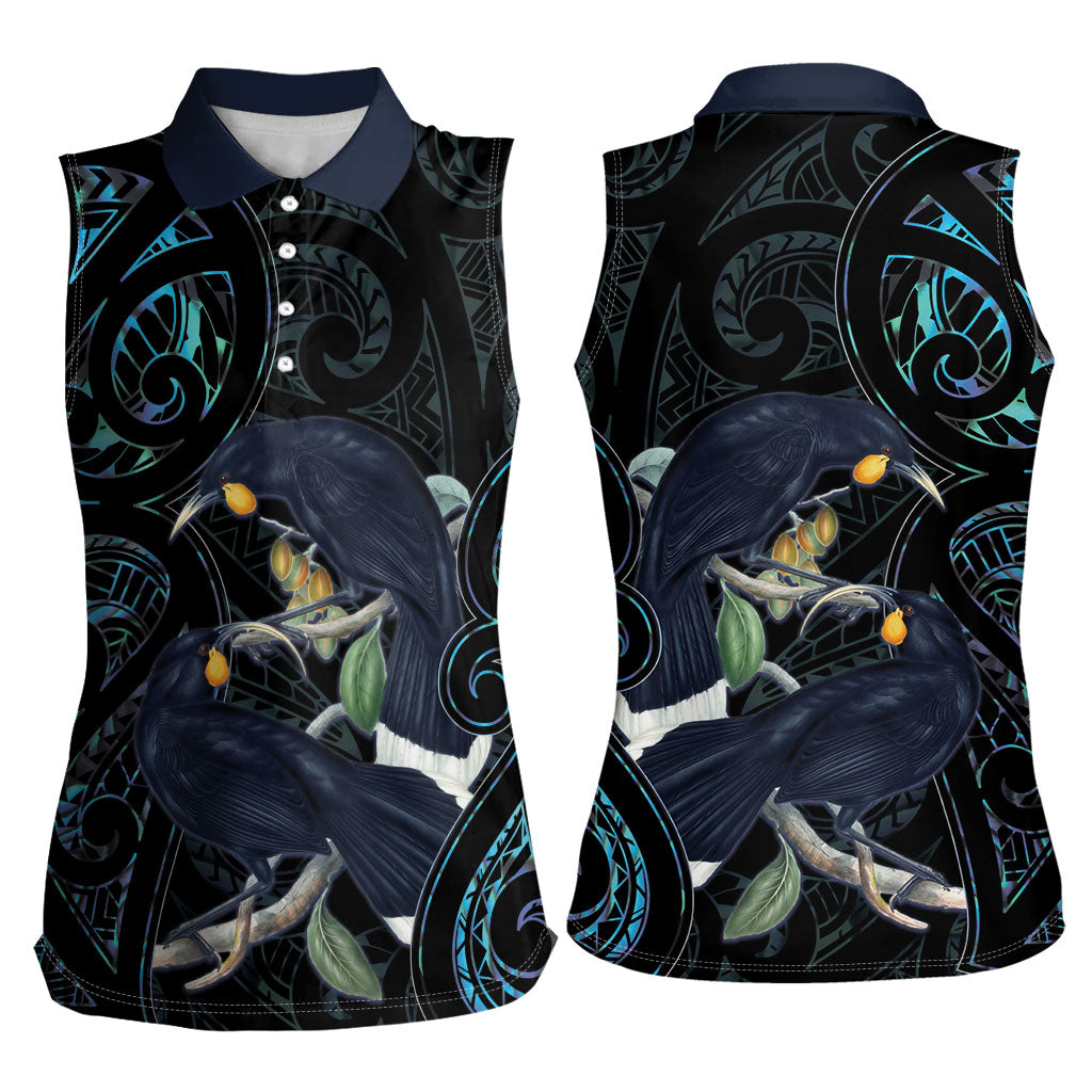 New Zealand Huia Bird Women Sleeveless Polo Shirt Paua Shell Maori Pattern