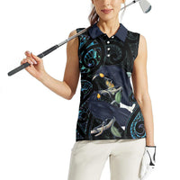 New Zealand Huia Bird Women Sleeveless Polo Shirt Paua Shell Maori Pattern