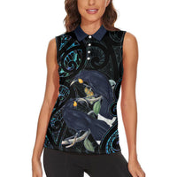 New Zealand Huia Bird Women Sleeveless Polo Shirt Paua Shell Maori Pattern