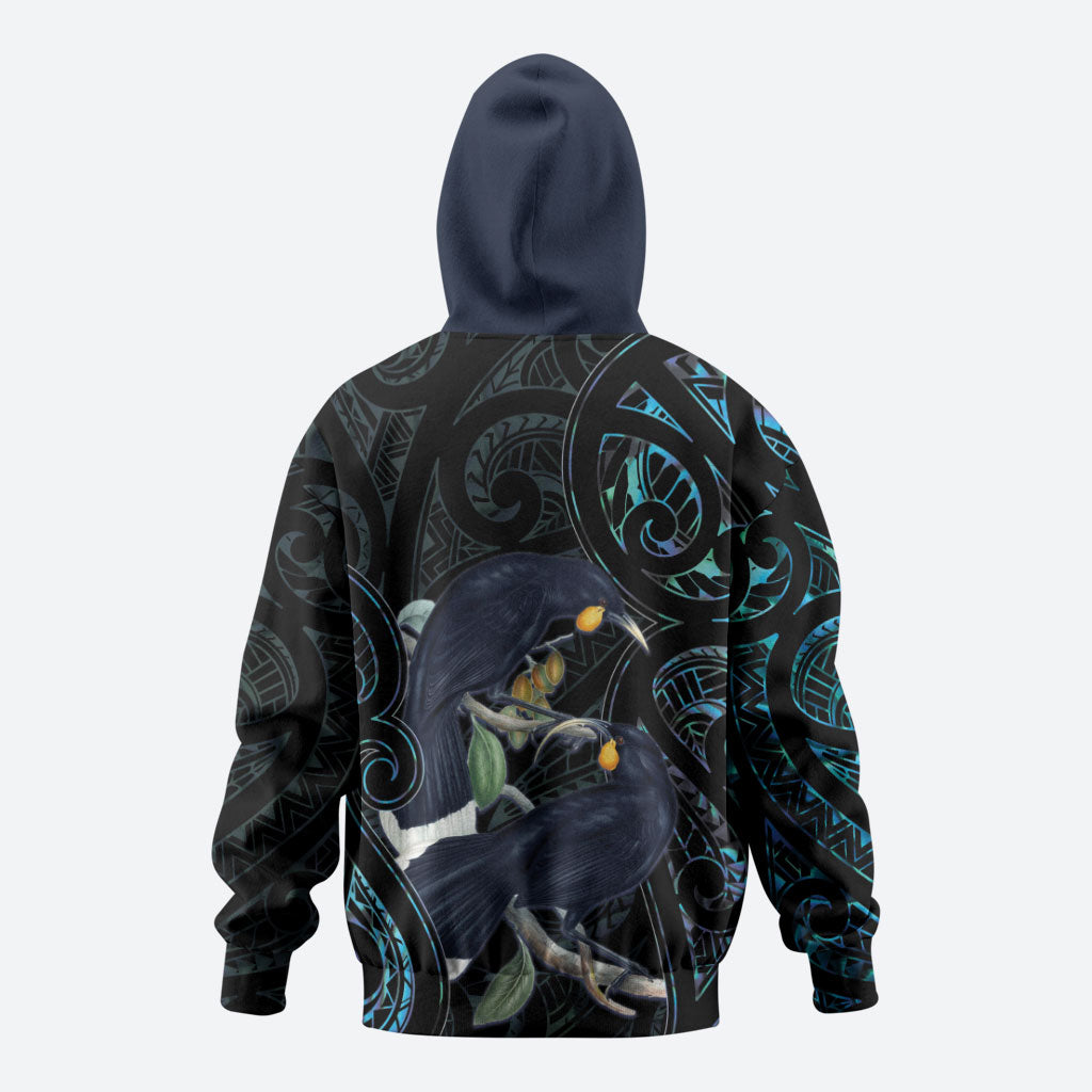 New Zealand Huia Bird Zip Hoodie Paua Shell Maori Pattern