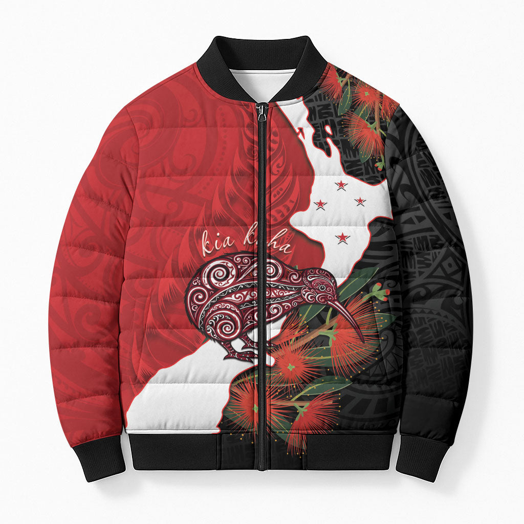 Kiwi New Zealand Personalised Bomber Puffer Jacket NZ Map Pohutukawa Fern Maori Pattern