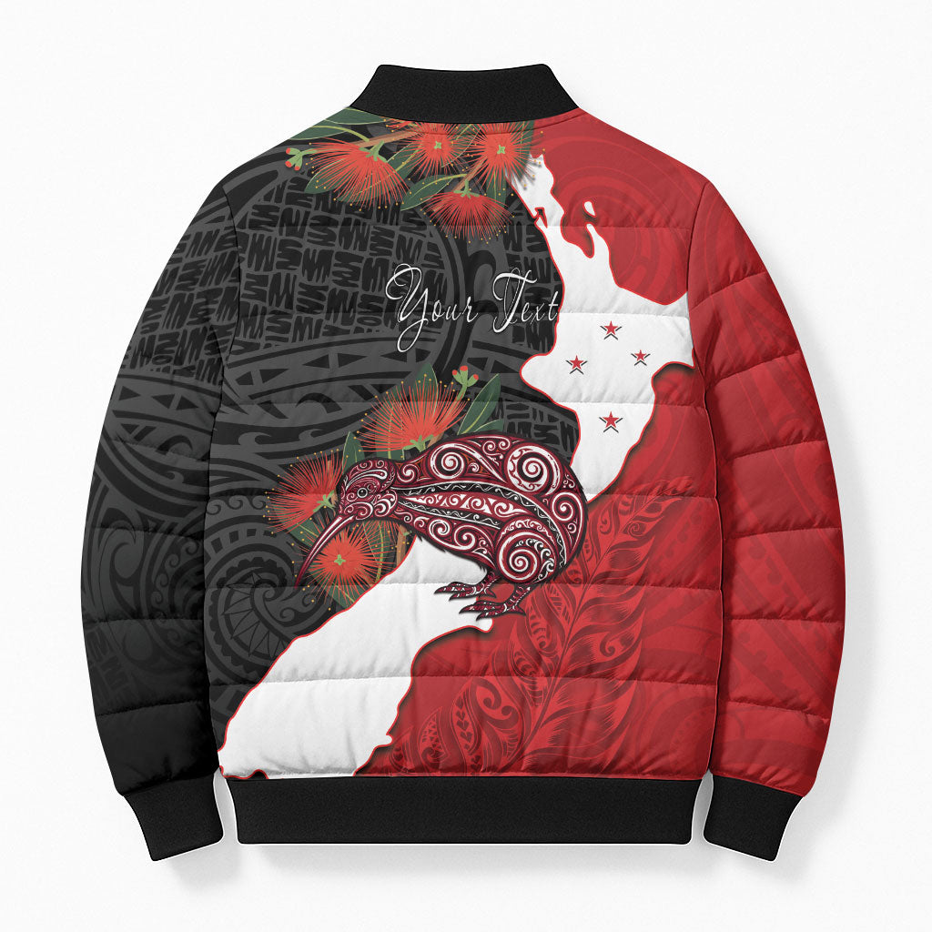 Kiwi New Zealand Personalised Bomber Puffer Jacket NZ Map Pohutukawa Fern Maori Pattern