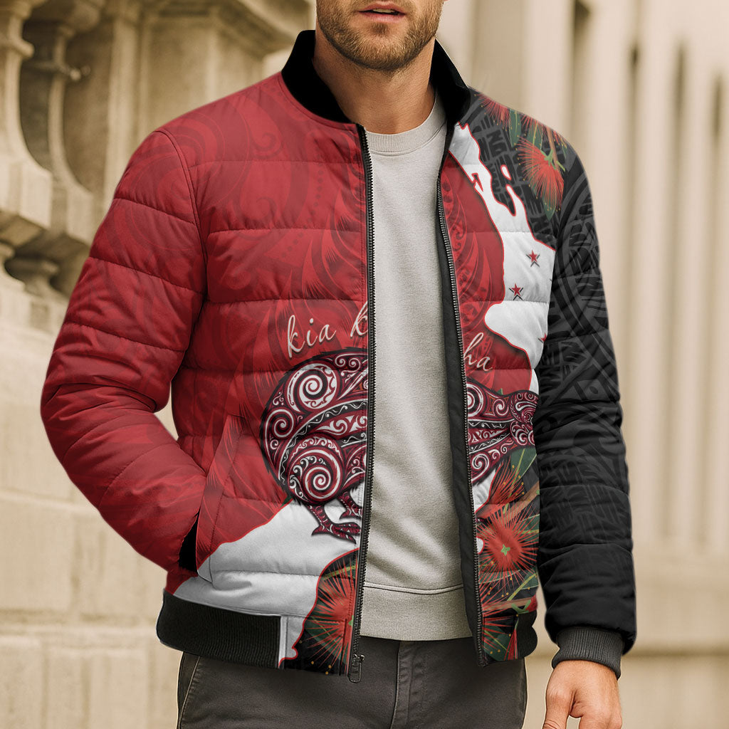 Kiwi New Zealand Personalised Bomber Puffer Jacket NZ Map Pohutukawa Fern Maori Pattern
