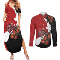 Kiwi New Zealand Personalised Couples Matching Summer Maxi Dress and Long Sleeve Button Shirt NZ Map Pohutukawa Fern Maori Pattern