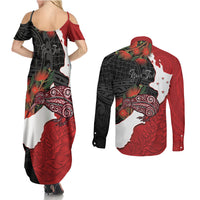 Kiwi New Zealand Personalised Couples Matching Summer Maxi Dress and Long Sleeve Button Shirt NZ Map Pohutukawa Fern Maori Pattern