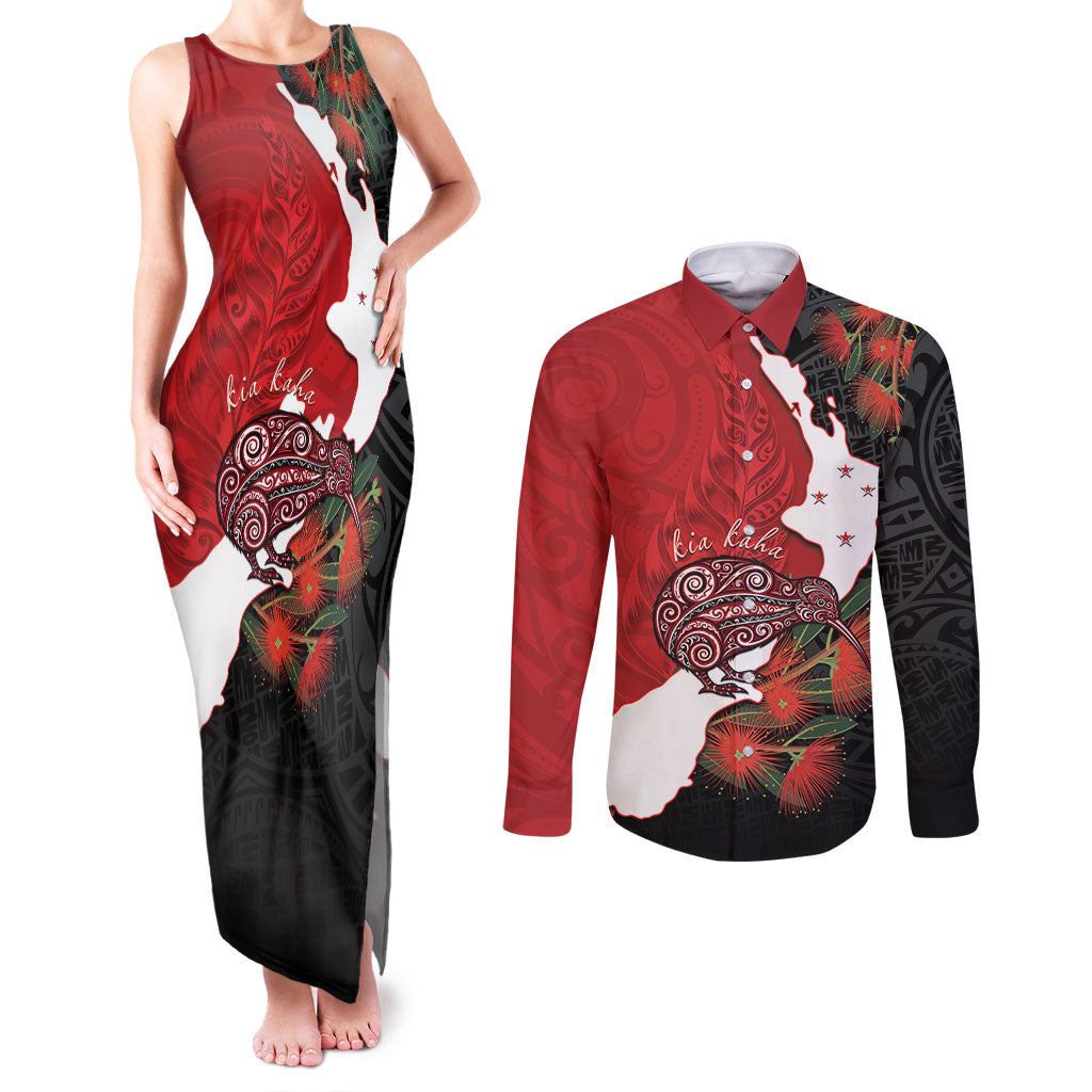 Kiwi New Zealand Personalised Couples Matching Tank Maxi Dress and Long Sleeve Button Shirt NZ Map Pohutukawa Fern Maori Pattern