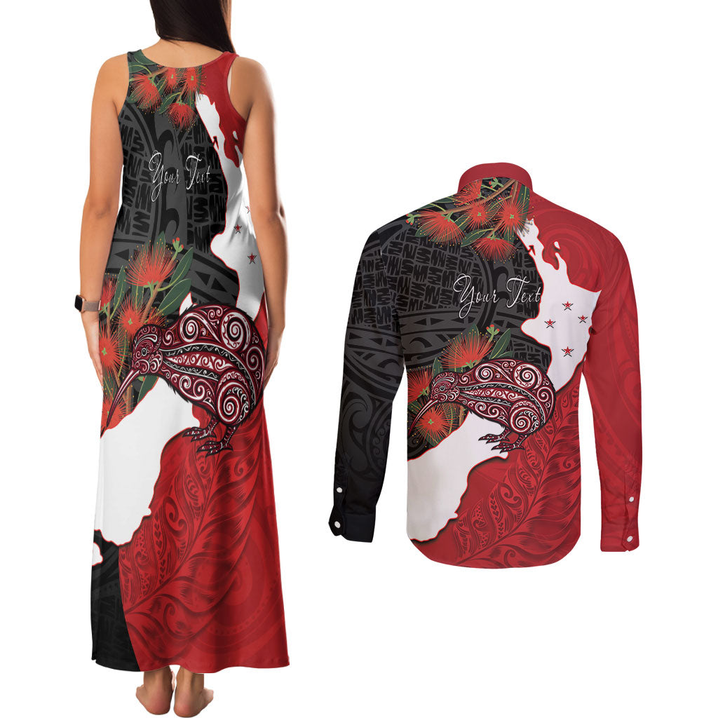 Kiwi New Zealand Personalised Couples Matching Tank Maxi Dress and Long Sleeve Button Shirt NZ Map Pohutukawa Fern Maori Pattern