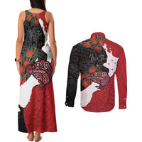 Kiwi New Zealand Personalised Couples Matching Tank Maxi Dress and Long Sleeve Button Shirt NZ Map Pohutukawa Fern Maori Pattern