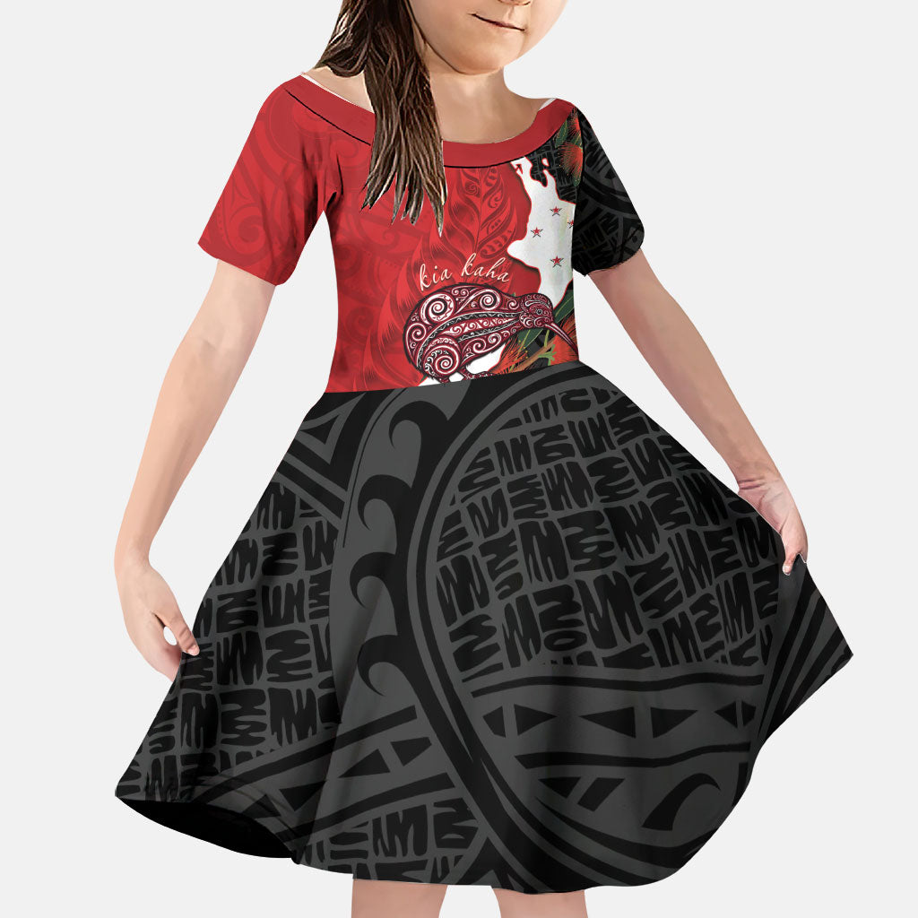 Kiwi New Zealand Personalised Family Matching Off Shoulder Short Dress and Hawaiian Shirt NZ Map Pohutukawa Fern Maori Pattern