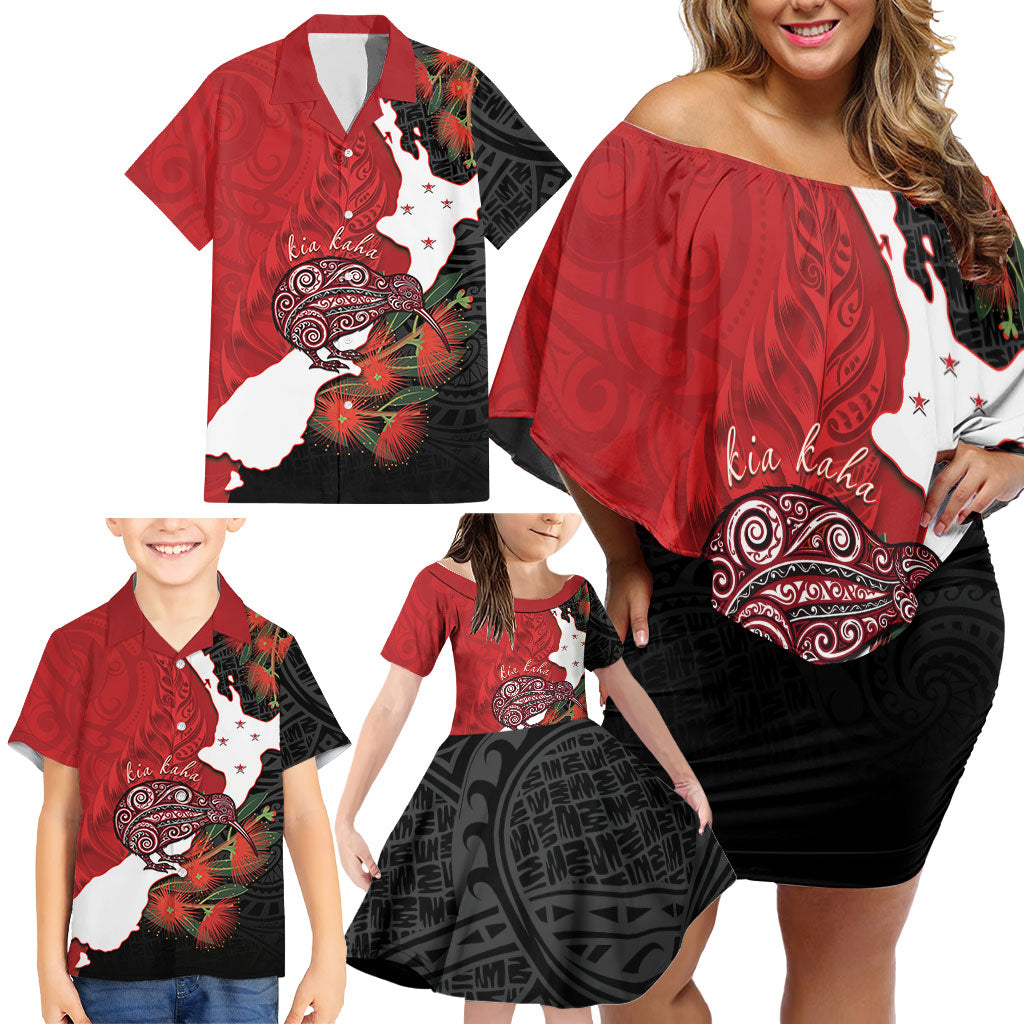 Kiwi New Zealand Personalised Family Matching Off Shoulder Short Dress and Hawaiian Shirt NZ Map Pohutukawa Fern Maori Pattern