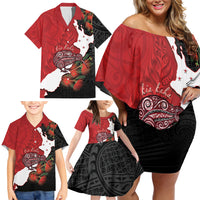 Kiwi New Zealand Personalised Family Matching Off Shoulder Short Dress and Hawaiian Shirt NZ Map Pohutukawa Fern Maori Pattern