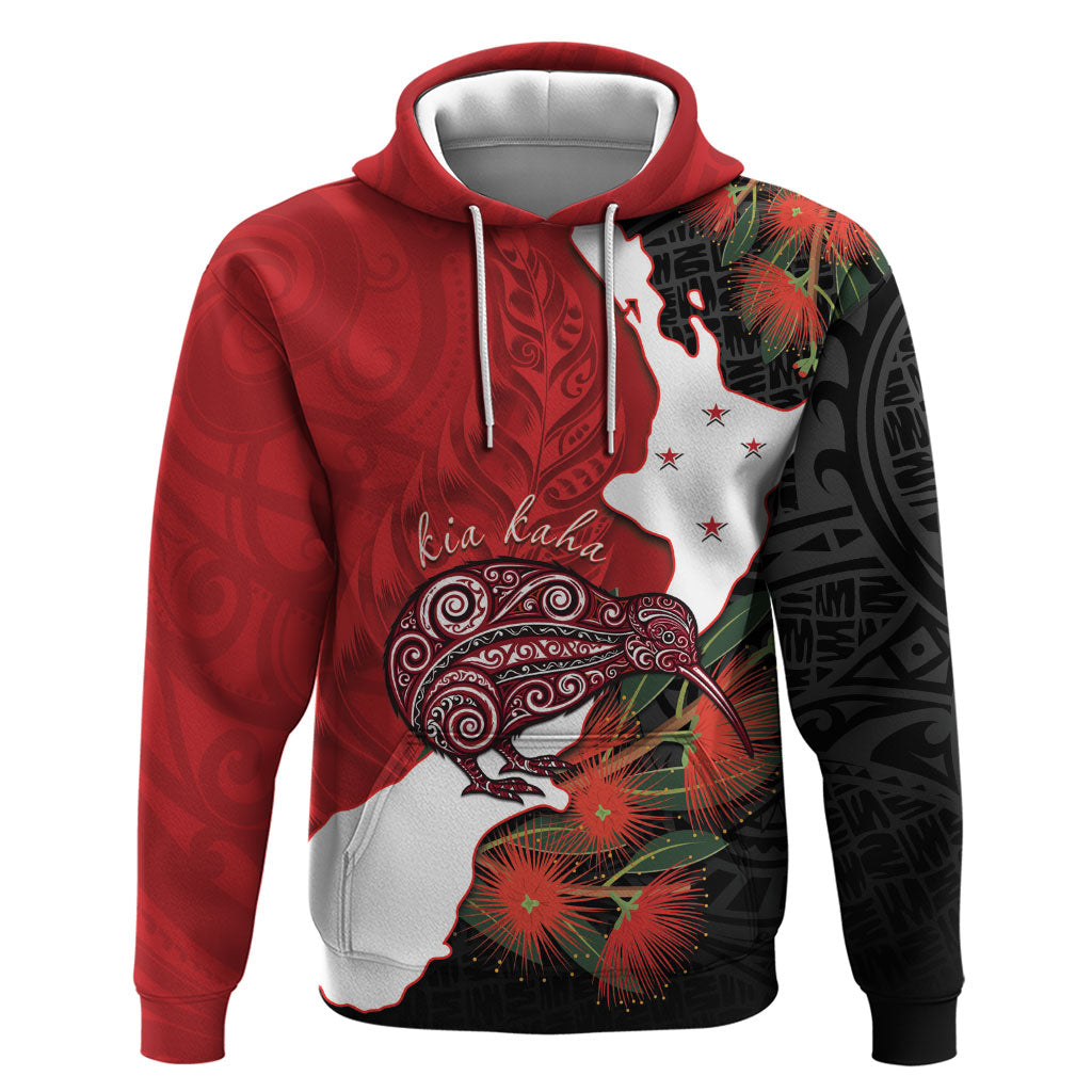 Kiwi New Zealand Personalised Hoodie NZ Map Pohutukawa Fern Maori Pattern LT22 Pullover Hoodie Red - Polynesian Pride