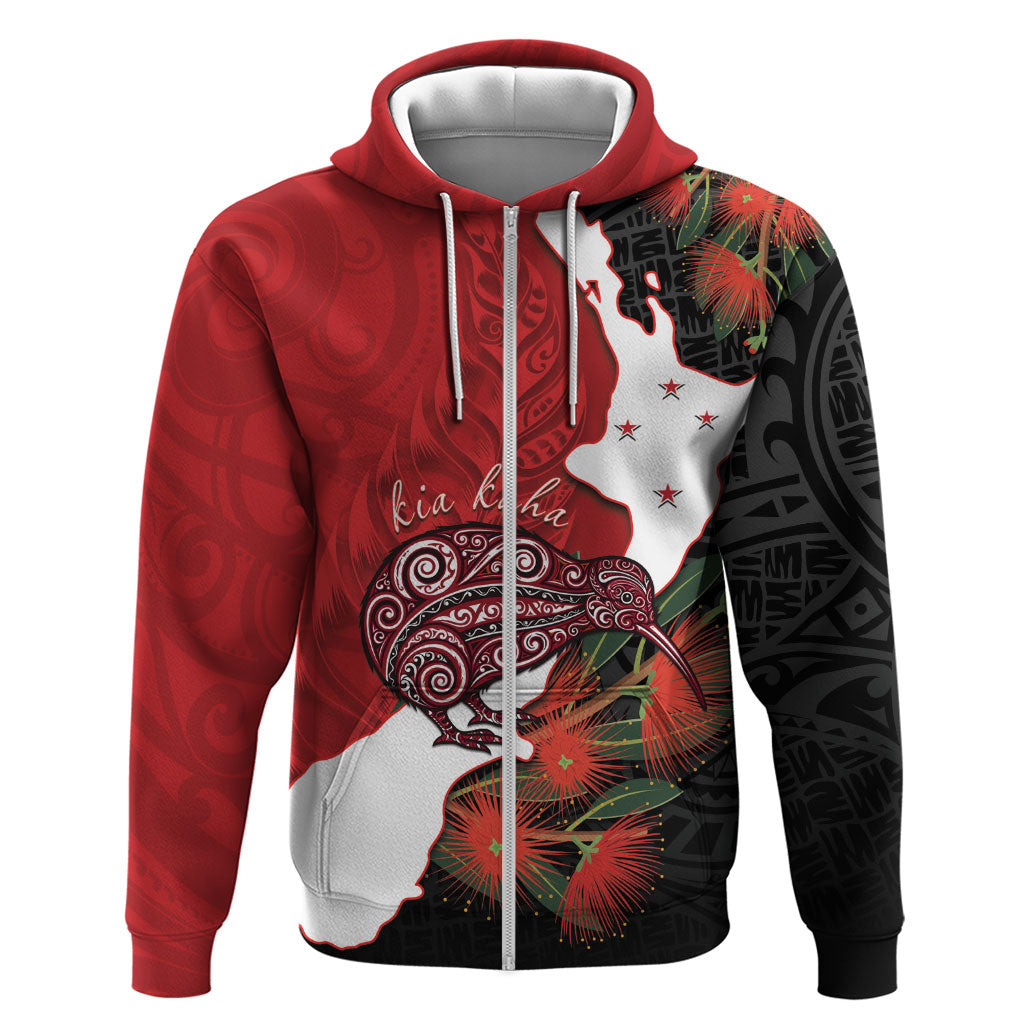 Kiwi New Zealand Personalised Hoodie NZ Map Pohutukawa Fern Maori Pattern LT22 Zip Hoodie Red - Polynesian Pride