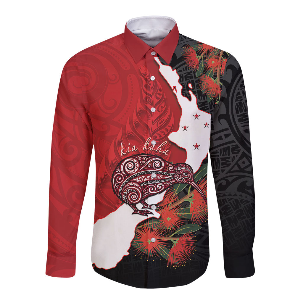 Kiwi New Zealand Personalised Long Sleeve Button Shirt NZ Map Pohutukawa Fern Maori Pattern