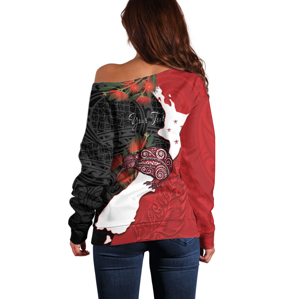Kiwi New Zealand Personalised Off Shoulder Sweater NZ Map Pohutukawa Fern Maori Pattern LT22 - Polynesian Pride