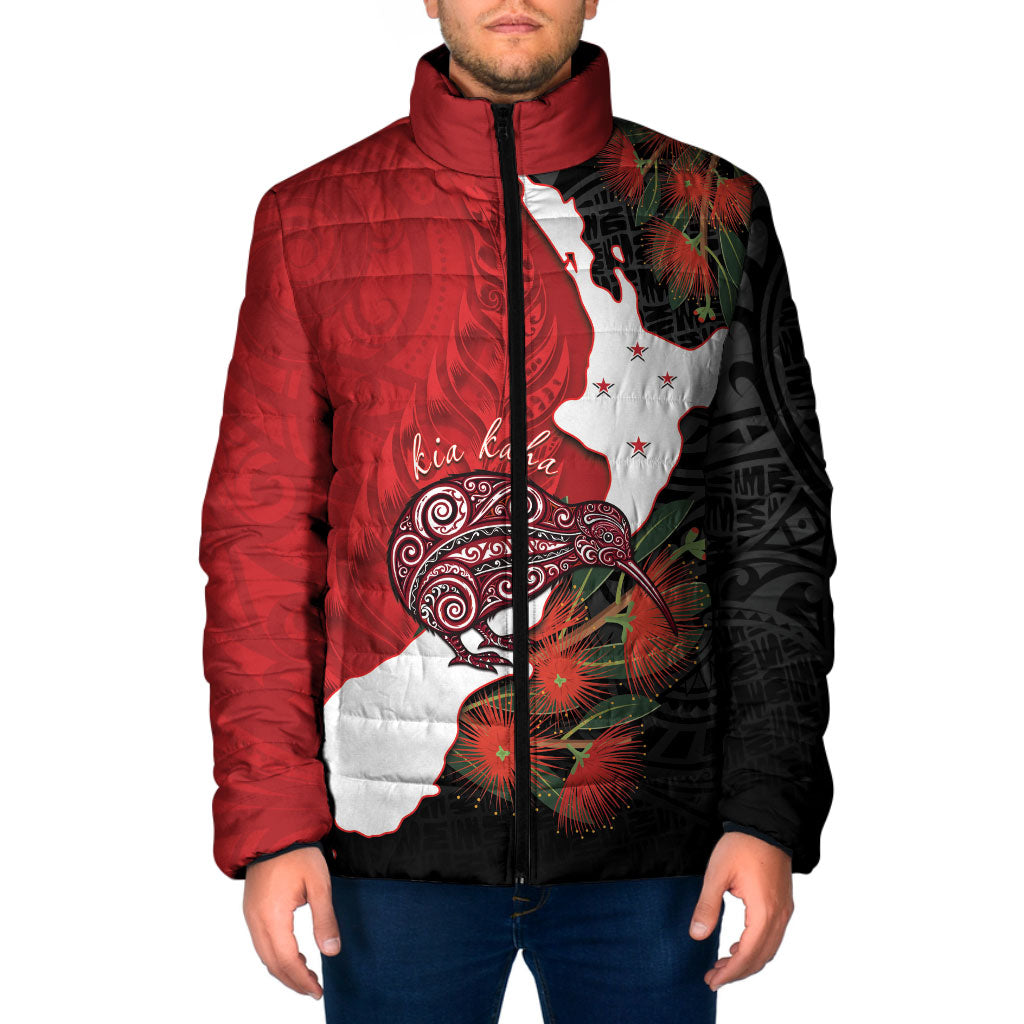 Kiwi New Zealand Personalised Padded Jacket NZ Map Pohutukawa Fern Maori Pattern
