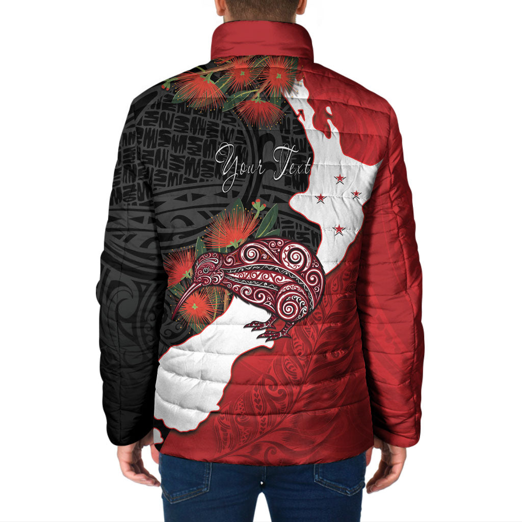 Kiwi New Zealand Personalised Padded Jacket NZ Map Pohutukawa Fern Maori Pattern
