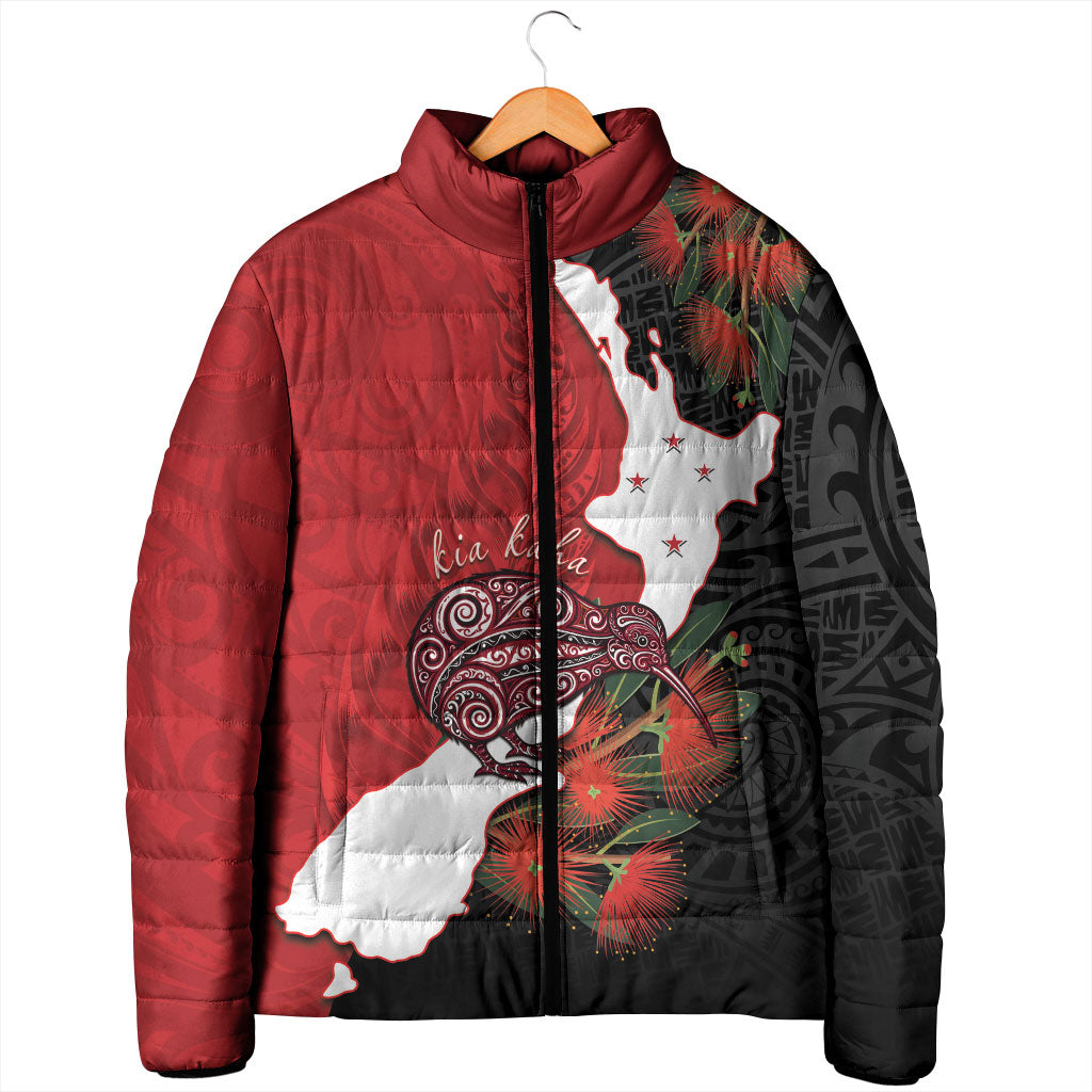 Kiwi New Zealand Personalised Padded Jacket NZ Map Pohutukawa Fern Maori Pattern