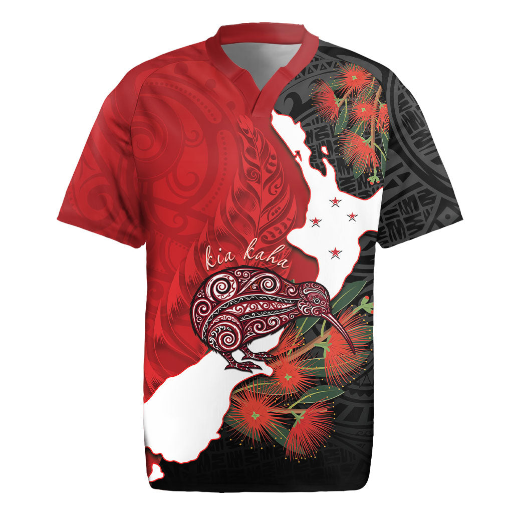 Kiwi New Zealand Personalised Rugby Jersey NZ Map Pohutukawa Fern Maori Pattern LT22 Red - Polynesian Pride