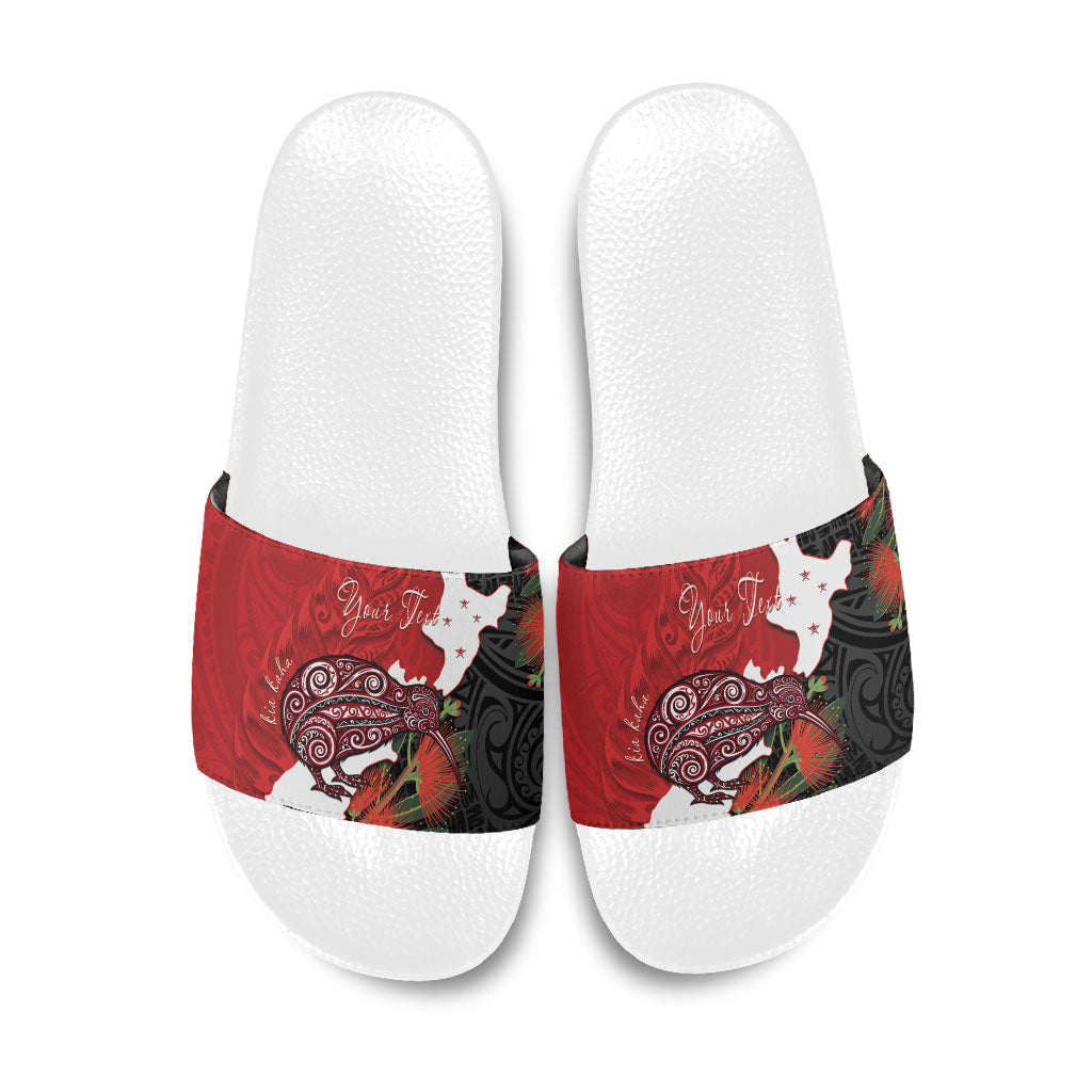 Kiwi New Zealand Personalised Slide Sandals NZ Map Pohutukawa Fern Maori Pattern