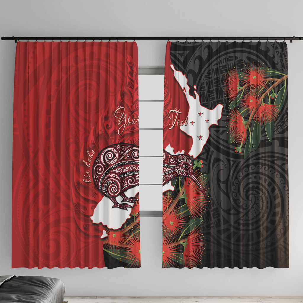 Kiwi New Zealand Personalised Window Curtain NZ Map Pohutukawa Fern Maori Pattern LT22 With Hooks Red - Polynesian Pride