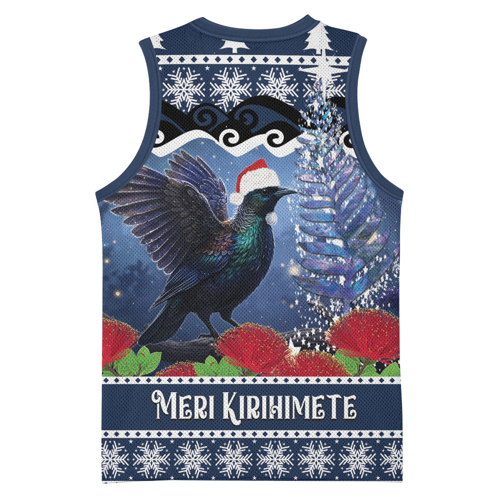 New Zealand Tui Bird Christmas Basketball Jersey Pohutukawa Xmas Tree Meri Kirihimete
