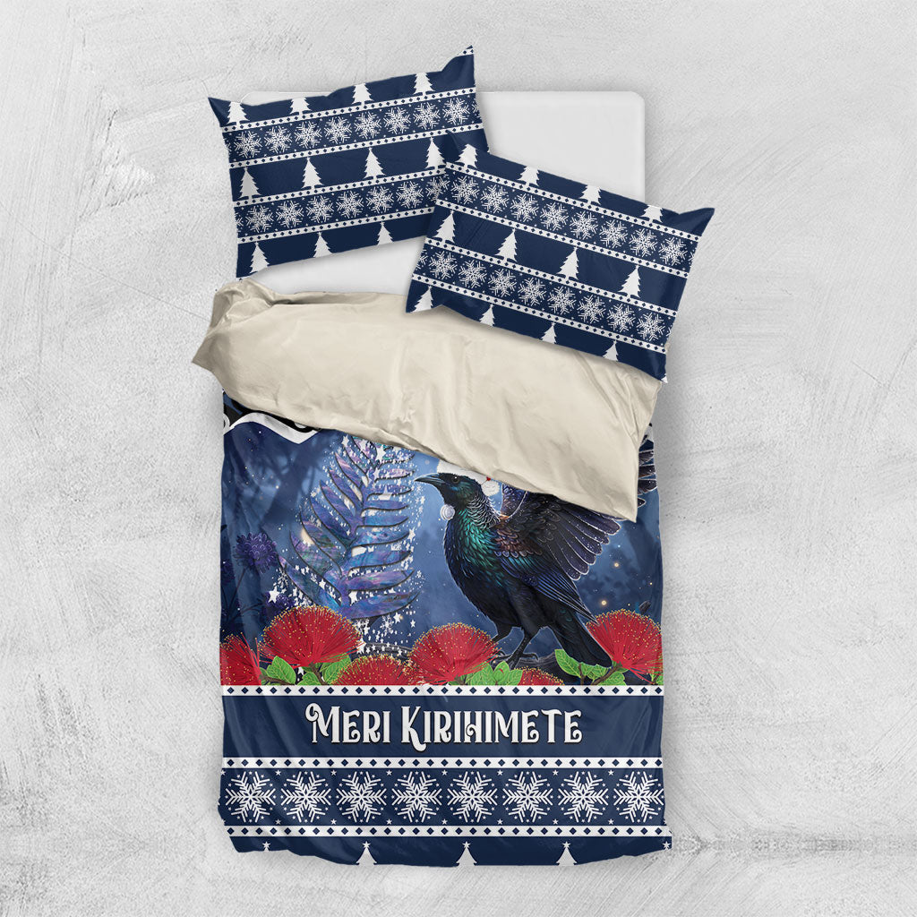 New Zealand Tui Bird Christmas Bedding Set Pohutukawa Xmas Tree Meri Kirihimete