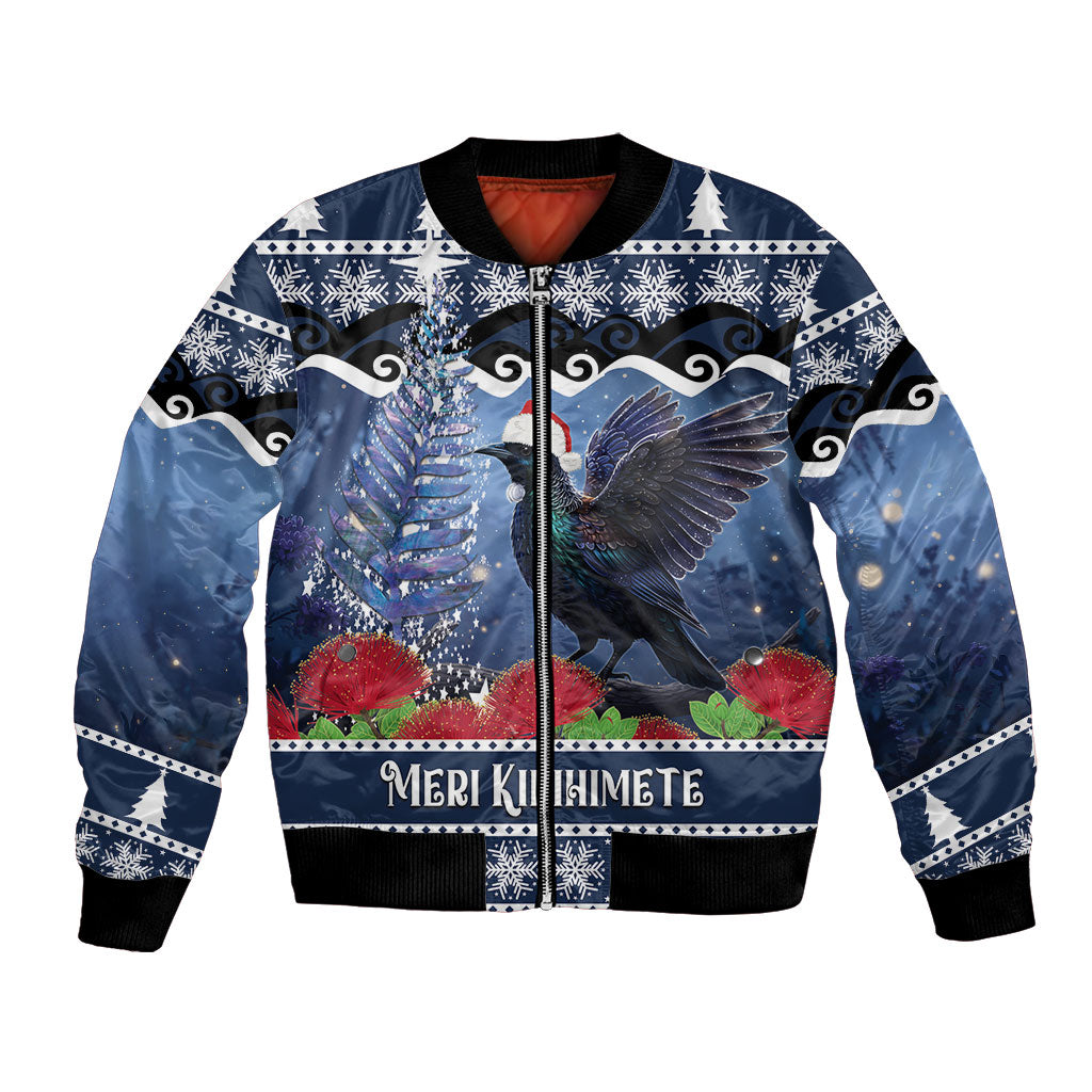 New Zealand Tui Bird Christmas Bomber Jacket Pohutukawa Xmas Tree Meri Kirihimete LT22 Unisex Blue - Polynesian Pride