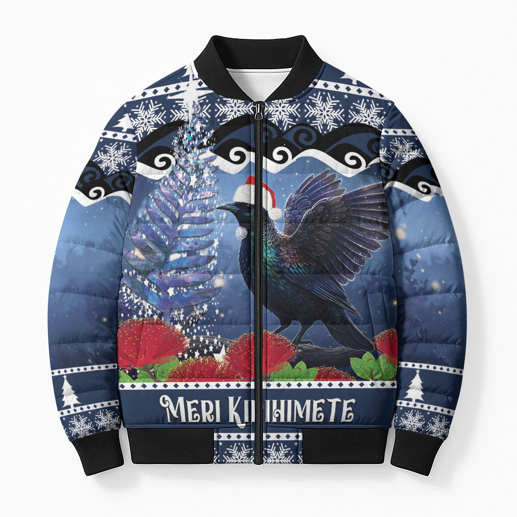 New Zealand Tui Bird Christmas Bomber Puffer Jacket Pohutukawa Xmas Tree Meri Kirihimete