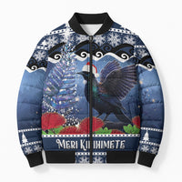 New Zealand Tui Bird Christmas Bomber Puffer Jacket Pohutukawa Xmas Tree Meri Kirihimete