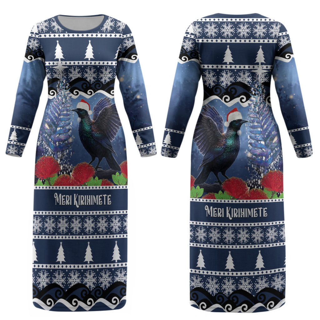 New Zealand Tui Bird Christmas Couples Matching Long Sleeve Bodycon Dress and Long Sleeve Button Shirt Pohutukawa Xmas Tree Meri Kirihimete LT22 - Polynesian Pride