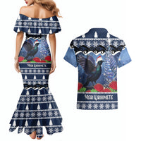 New Zealand Tui Bird Christmas Couples Matching Mermaid Dress and Hawaiian Shirt Pohutukawa Xmas Tree Meri Kirihimete