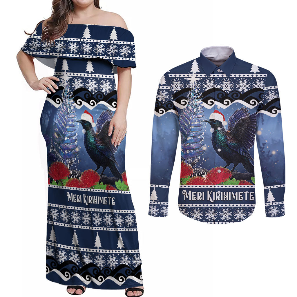 New Zealand Tui Bird Christmas Couples Matching Off Shoulder Maxi Dress and Long Sleeve Button Shirt Pohutukawa Xmas Tree Meri Kirihimete LT22 Blue - Polynesian Pride