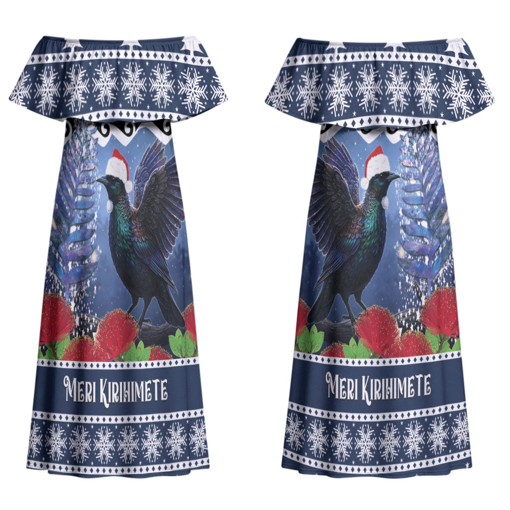 New Zealand Tui Bird Christmas Couples Matching Off Shoulder Maxi Dress and Long Sleeve Button Shirt Pohutukawa Xmas Tree Meri Kirihimete LT22 - Polynesian Pride