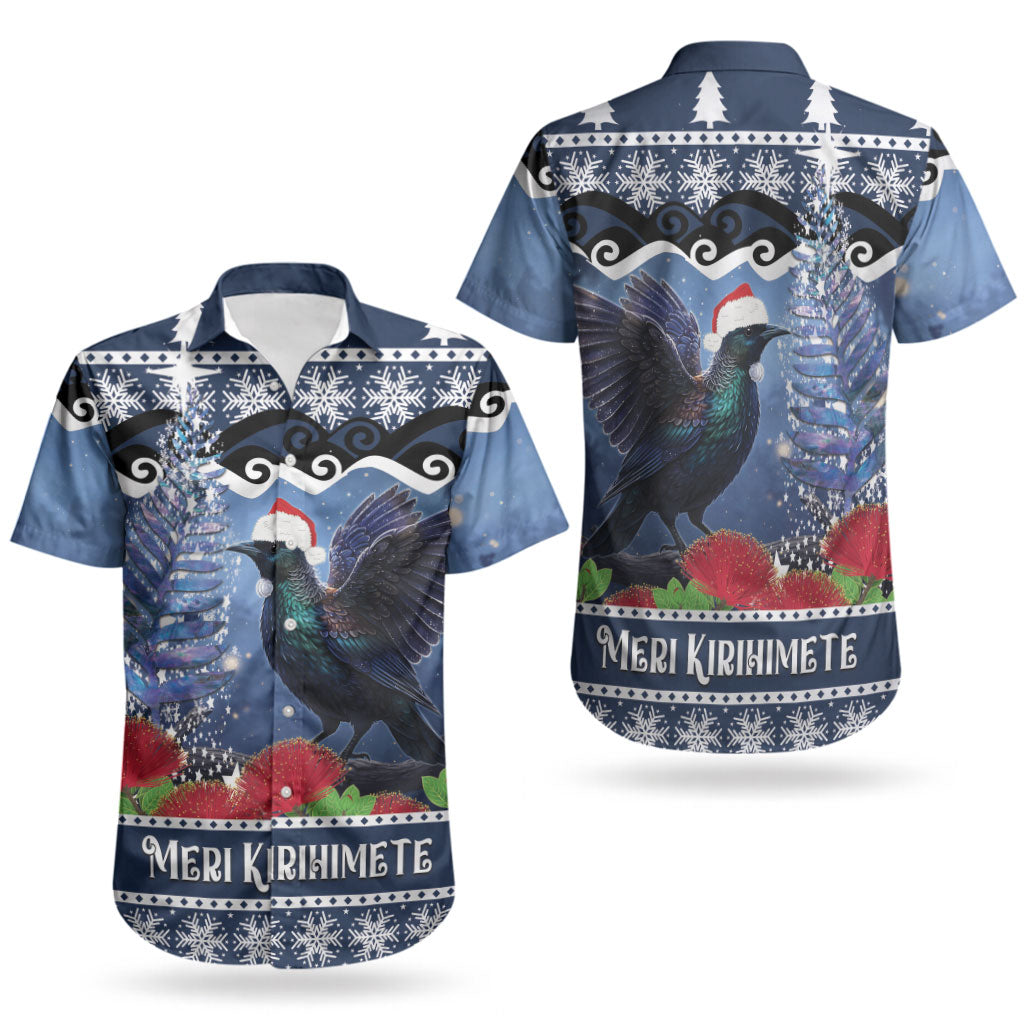 New Zealand Tui Bird Christmas Couples Matching Off Shoulder Short Dress and Hawaiian Shirt Pohutukawa Xmas Tree Meri Kirihimete LT22 - Polynesian Pride