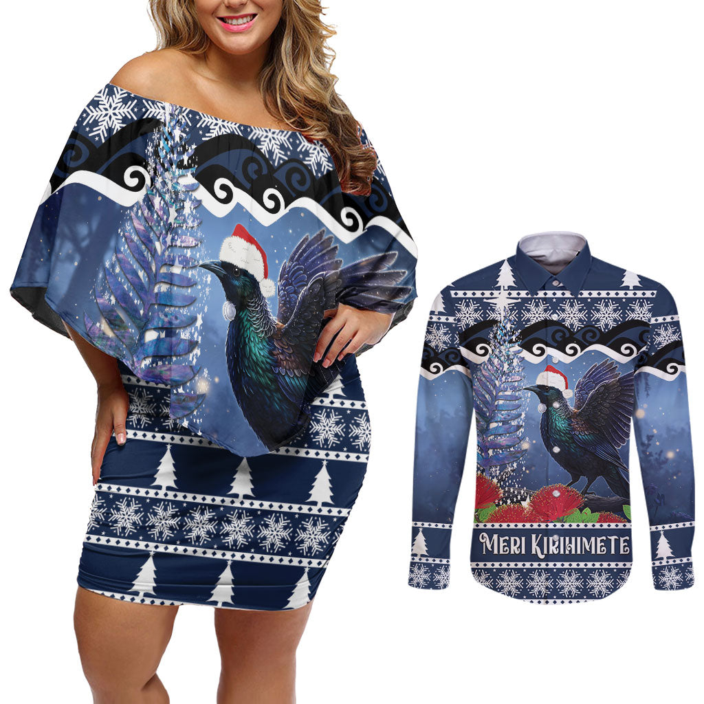 New Zealand Tui Bird Christmas Couples Matching Off Shoulder Short Dress and Long Sleeve Button Shirt Pohutukawa Xmas Tree Meri Kirihimete LT22 Blue - Polynesian Pride