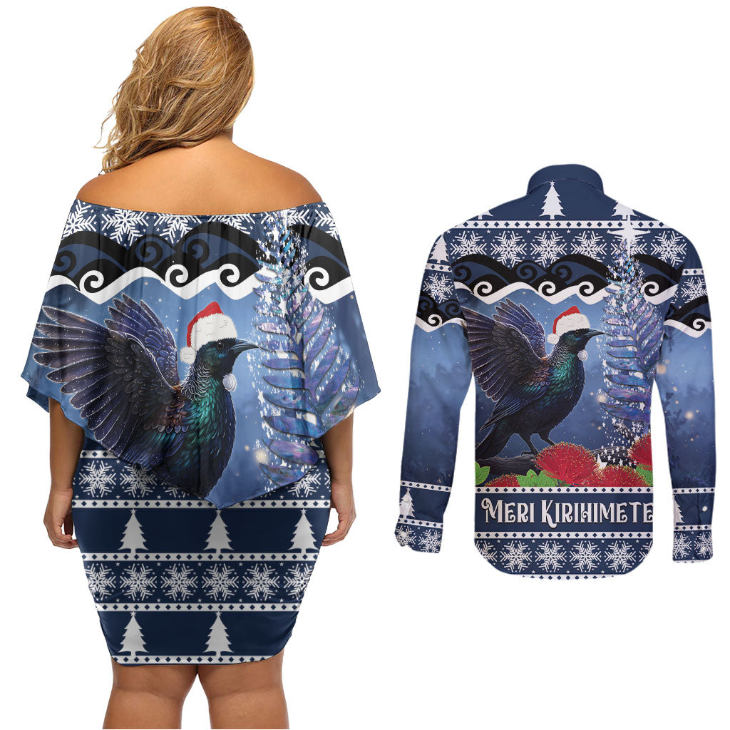 New Zealand Tui Bird Christmas Couples Matching Off Shoulder Short Dress and Long Sleeve Button Shirt Pohutukawa Xmas Tree Meri Kirihimete